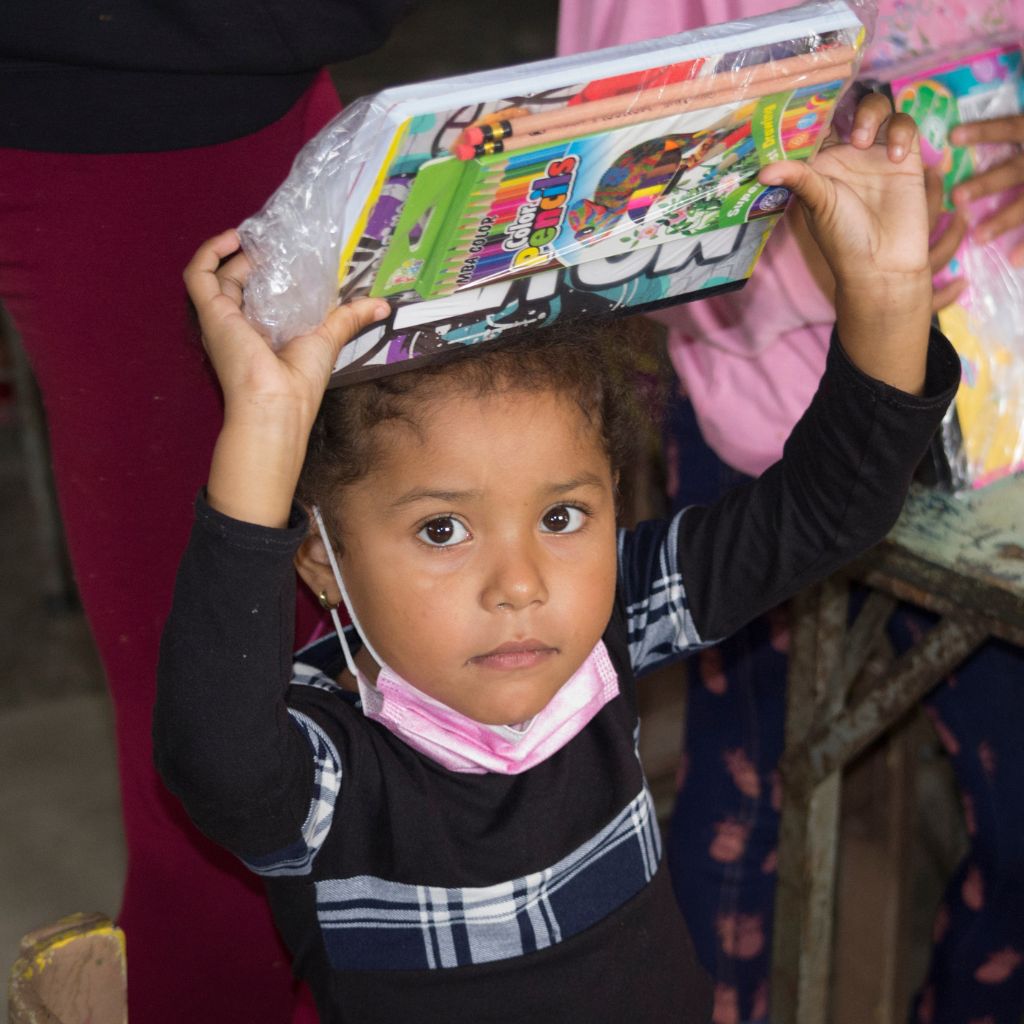 niña con cuaderno sostenido sobre su cabeza